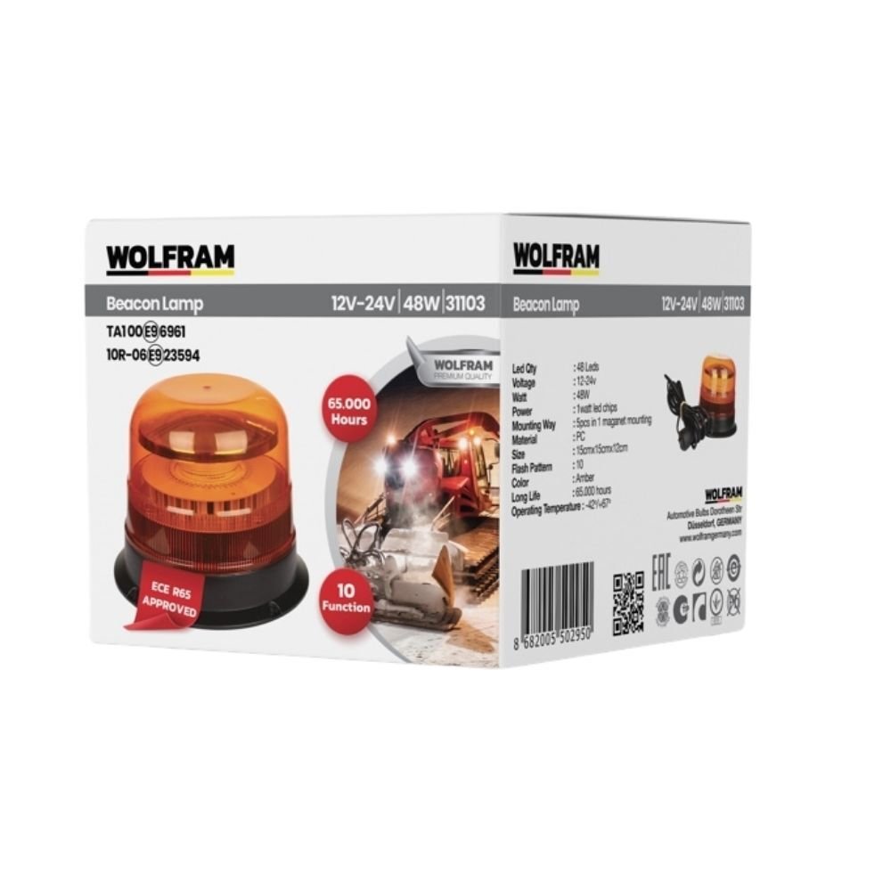 Led Tepe Döner İkaz Lambası Cıvata+Vantuz ve Mıknatıs Bağlantılı 10 Fonksiyon 12/24V E-Belgeli 48W